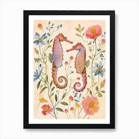 Folksy Floral Animal Drawing Seahorse Art Print