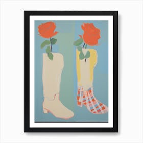 A Painting Of Cowboy Boots With Red Flowers, Pop Art Style 5 Art Print