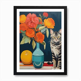 Camellia Flower Vase And A Cat, A Painting In The Style Of Matisse 3 Art Print