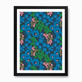 Retro Blue Flowers Art Print