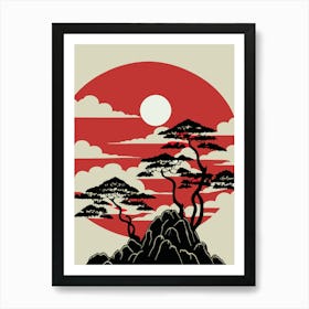 Mountains Sunset Sunrise Tree Japanese Travel Scenery Concept Sakura Bonsai Clouds Nature Landscape Art Print