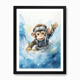 Monkey Painting Scuba Diving Watercolour 2 Art Print