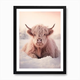Pink Highland Cow Lying In The Snow 2 Art Print