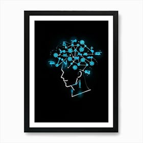 Abstract Concept Art Of A Silhouetted Head Outlined Against A Backdrop Of Light Bulbs And Gears Sym (1) Art Print