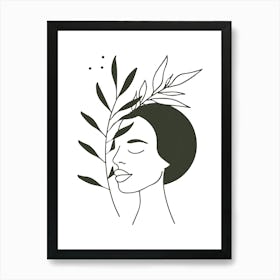 Woman With Leaves On Her Head Minimalist Line Art Monoline Illustration Art Print