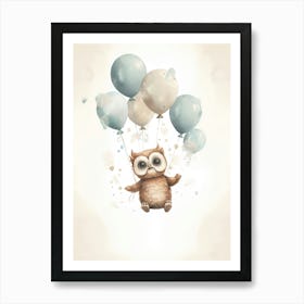 Baby Owl Flying With Ballons, Watercolour Nursery Art 3 Art Print