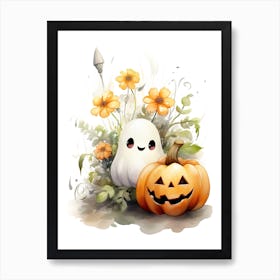Cute Ghost With Pumpkins Halloween Watercolour 150 Art Print