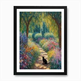 Black Cat in Monet's Garden Giverny - Willow Trees Botanical Matisse Klimt Claude Monet Art Dappled Sunlight Print for Feature Wall Decor in HD Art Print