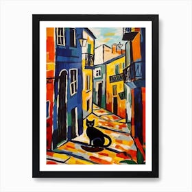 Painting Of A Street In Lisbon Portugal With A Cat In The Style Of Matisse 1 Art Print