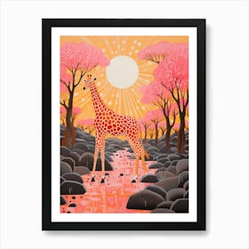 Giraffe In The River At Sunrise 3 Art Print