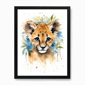 Watercolour Jungle Animal Baby Puma 1 Art Print