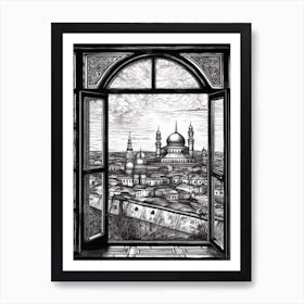 Window View Of Moscow Russia   Black And White Colouring Pages Line Art 2 Art Print