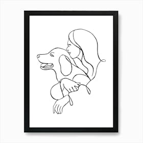 Woman Hugging Her Dog Monoline Drawing Line Art 1 Poster