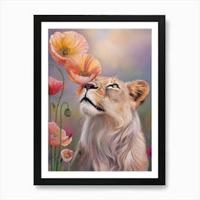 Lion With Poppies Art Print