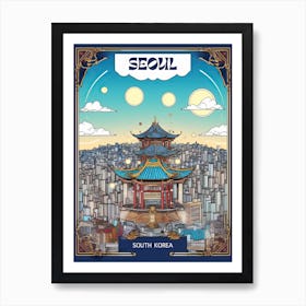 Seoul, South Korea, Tarot Card Travel  Line Art 2 Art Print