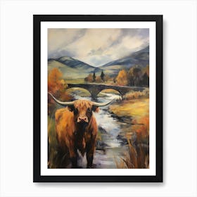 Highland Cow On A Cloudy Bridge By The Railway Track Art Print