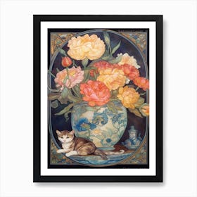 Ranunculus With A Cat 1 Art Nouveau Style Art Print