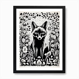 Fox In The Forest Linocut White Illustration 3 Art Print