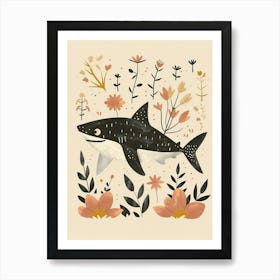 Muted Pastel Cute Shark With Flowers Illustration 1 Art Print