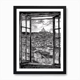 A Window View Of San Francisco In The Style Of Black And White  Line Art 4 Art Print