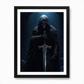 Grim Reapers Skull Emerges From An Abyss Of Bleak Darkness Clutching A Sword Dim Moonlight Castin (3) Art Print