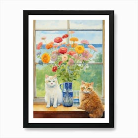 Cat With Queen Annes Flowers Watercolor Mothers Day Valentines 4 Art Print