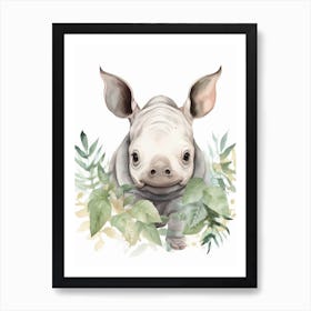 Watercolour Jungle Animal Baby Rhinoceros 4 Art Print