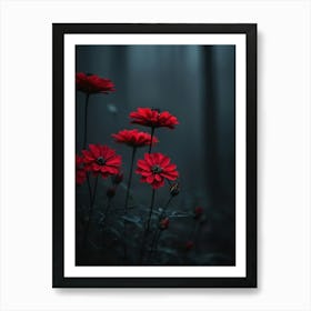 Red Flowers In The Middle Of The Dark Forest Art Print