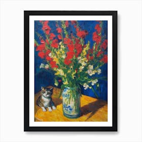 Still Life Of Snapdragons With A Cat 2 Art Print