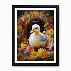 Duckling In Barn With Flowers & Hay 1 Art Print