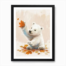 Polar Bear Cub Playing With A Fallen Leaf Storybook Illustration 2 Art Print