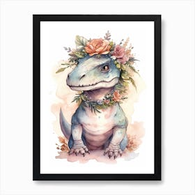 Allosaurus With A Crown Of Flowers Cute Dinosaur Watercolour 4 Art Print