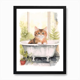 Norwegian Forest Cat In Bathtub Botanical Bathroom 8 Art Print