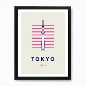 Navy And Pink Minimalistic Line Art Tokyo Art Print