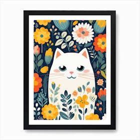 White Cat With Flowers Art Print