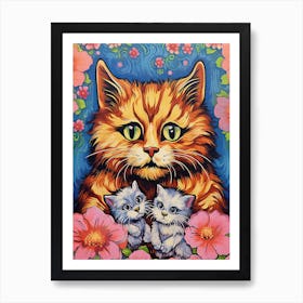 Louis Wain, Surreal Cat With Kittens And Flowers 2 Art Print