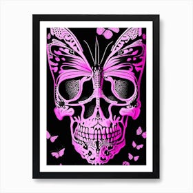 Skull With Butterfly Motifs Pink Linocut Art Print