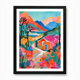 Colorful cabin between mountains Art Print