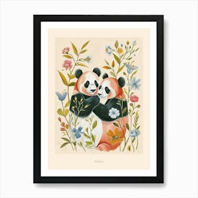 Folksy Floral Animal Drawing Panda Poster Art Print