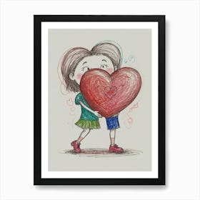 Girl Hugging A Big Heart Art Print