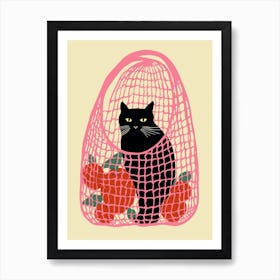 Black Cat In A Pink Bag With Oranges Art Print
