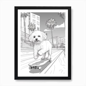 Maltese Dog Skateboarding Line Art 2 Art Print