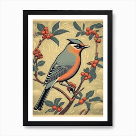 Vintage Bird Linocut Cedar Waxwing 2 Art Print