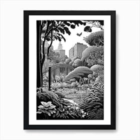 Central Park Conservatory Garden, Usa Linocut Black And White Vintage Art Print