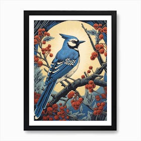 Vintage Bird Linocut Blue Jay 8 Art Print