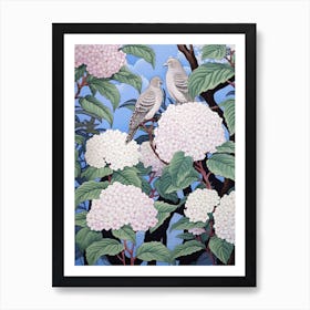 Hydrangea And Birds 1 Vintage Japanese Botanical Art Print