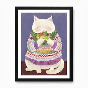 White Cat Salad Lover Folk Illustration 5 Art Print