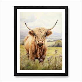 Highland Cow With Rolling Hills Watercolour 4 Art Print