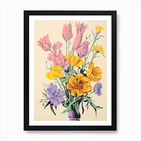 Colourful Flowers In A Vase In Risograph Style 11 Art Print