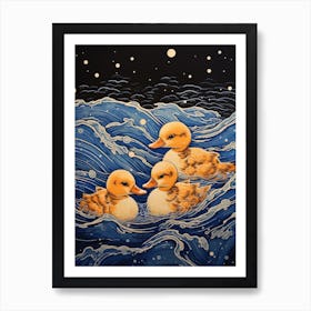 Ducklings Swimming In The Water Japanese Woodblock Style 4 Art Print